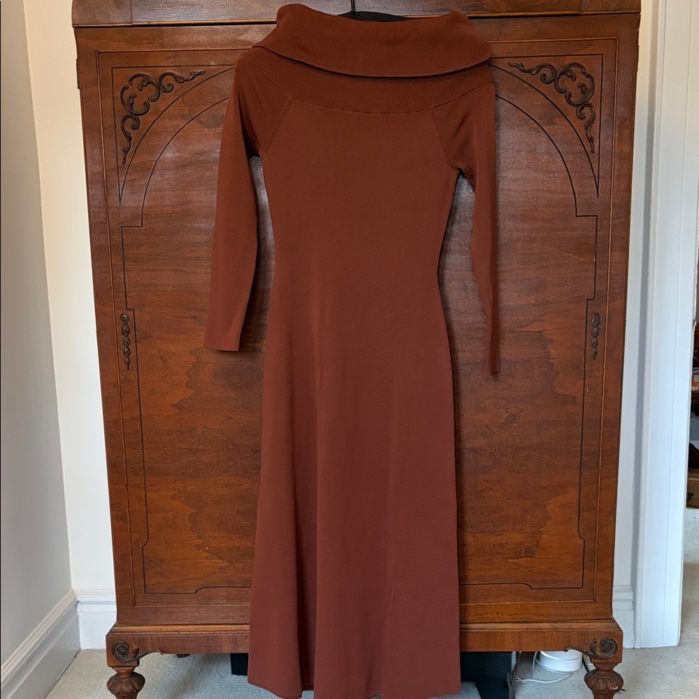 Elegant Rust Brown off the shoulder Long-Sleeve Midi Dress